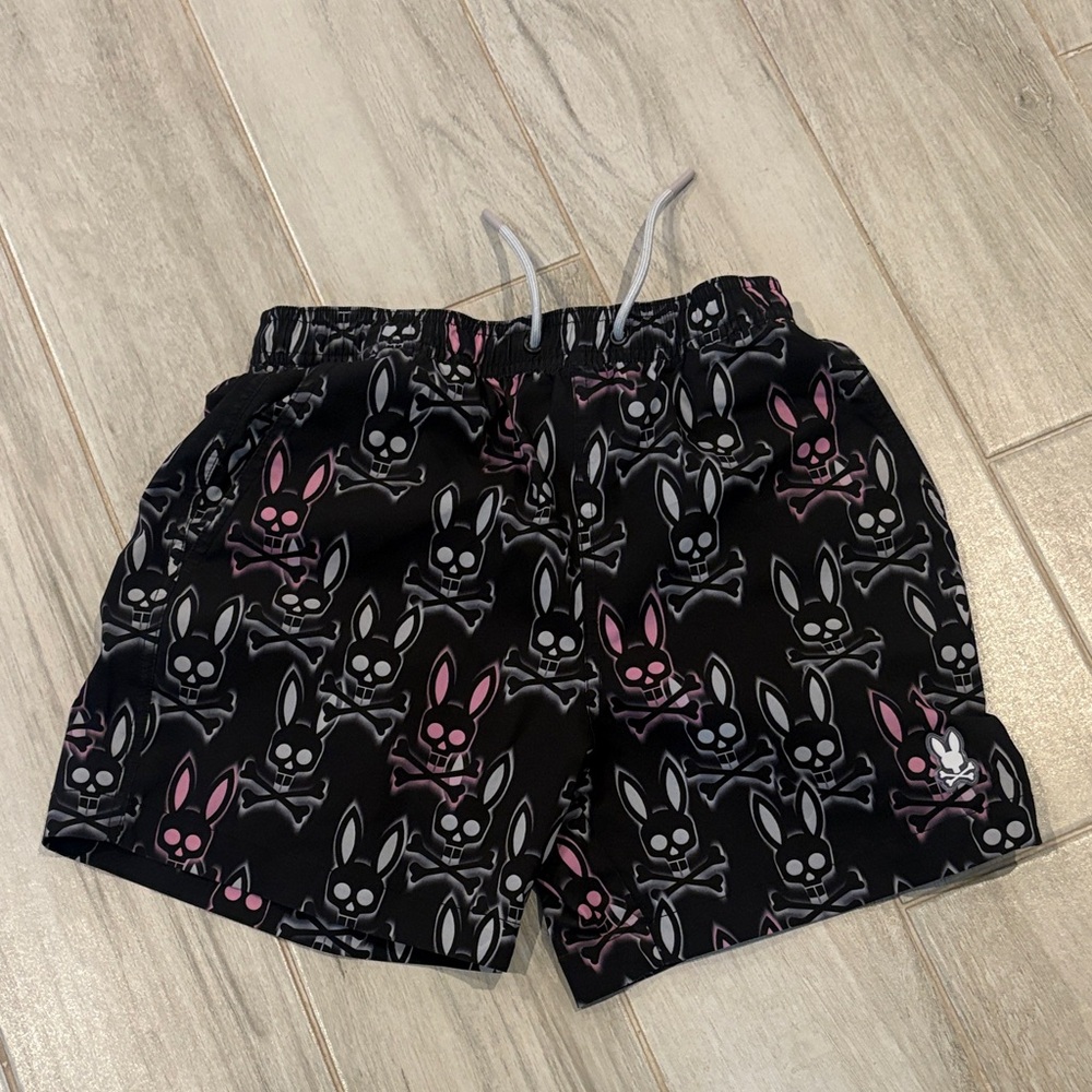 Psycho Bunny Black Swim Shorts with Pink & Gray Bunny Skull Print